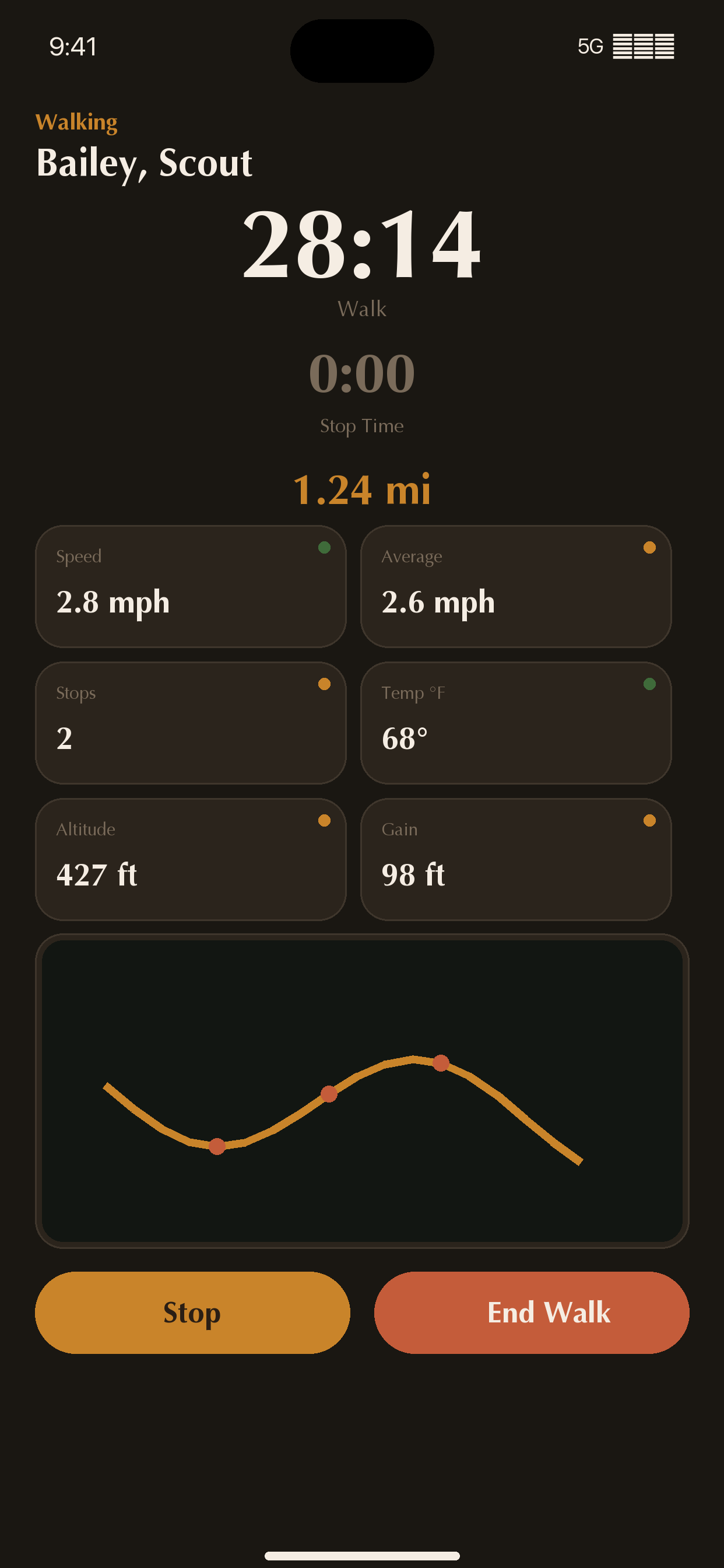 Live walk with timers, speed, map, and stop controls