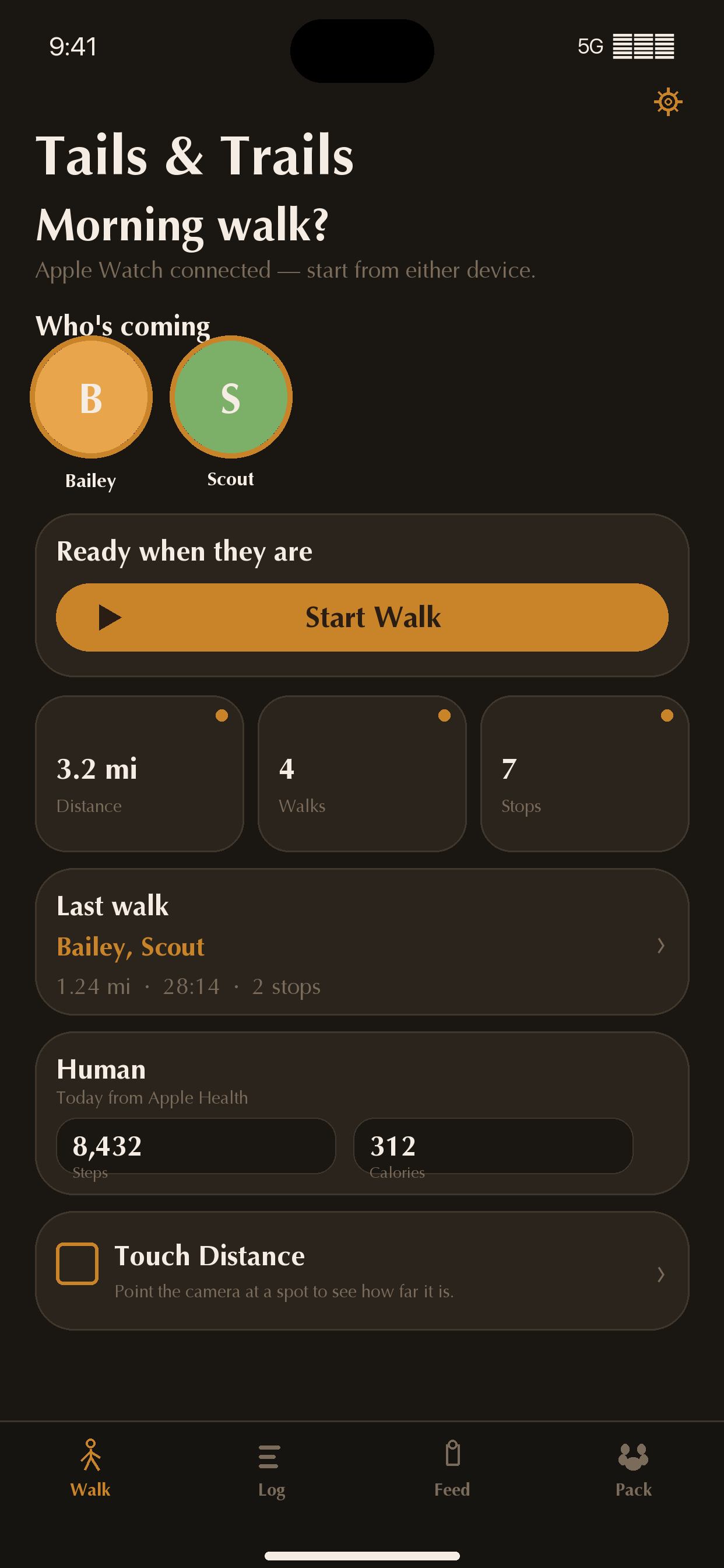 Home screen with pack, start walk, and weekly stats